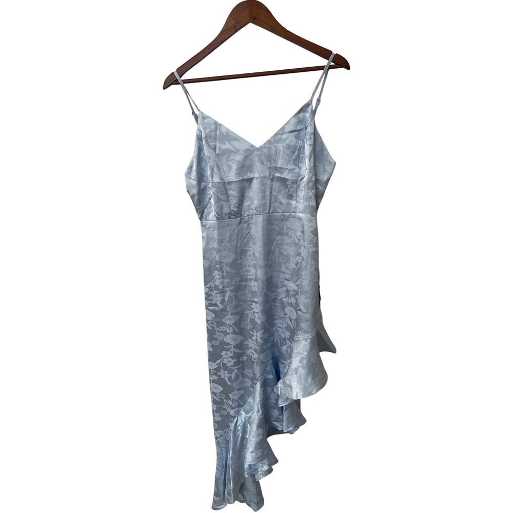 Lulus‎ NWT Light Blue Floral Satin Jacquard Ruffle High Low Midi Dress Medium